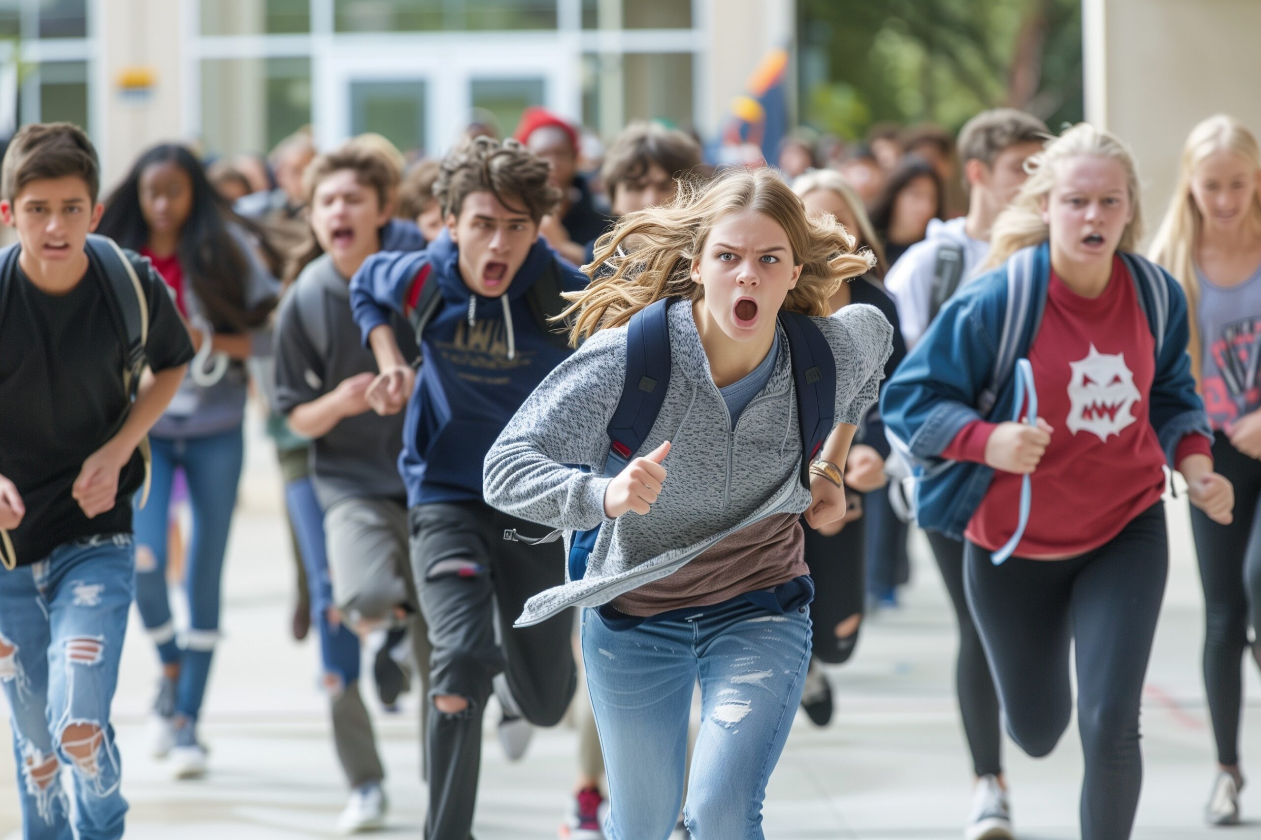 photo of teenagers running out of school in panic 