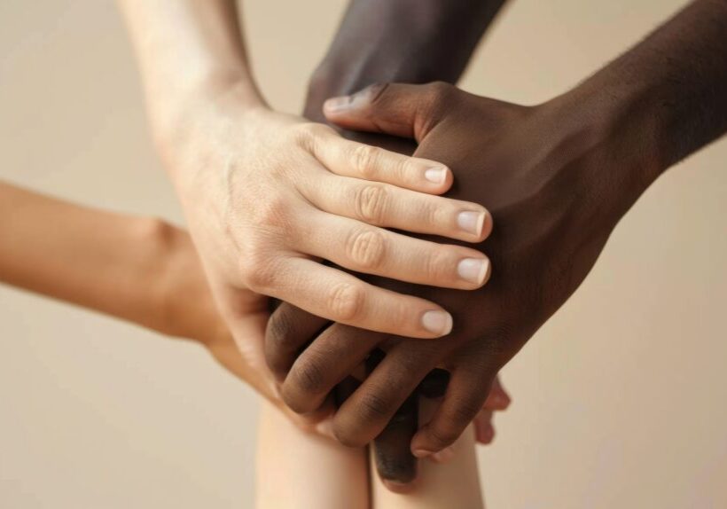 A closeup of diverse hands joined together, symbolizing unity, support, and inclusivity across different communities and backgrounds